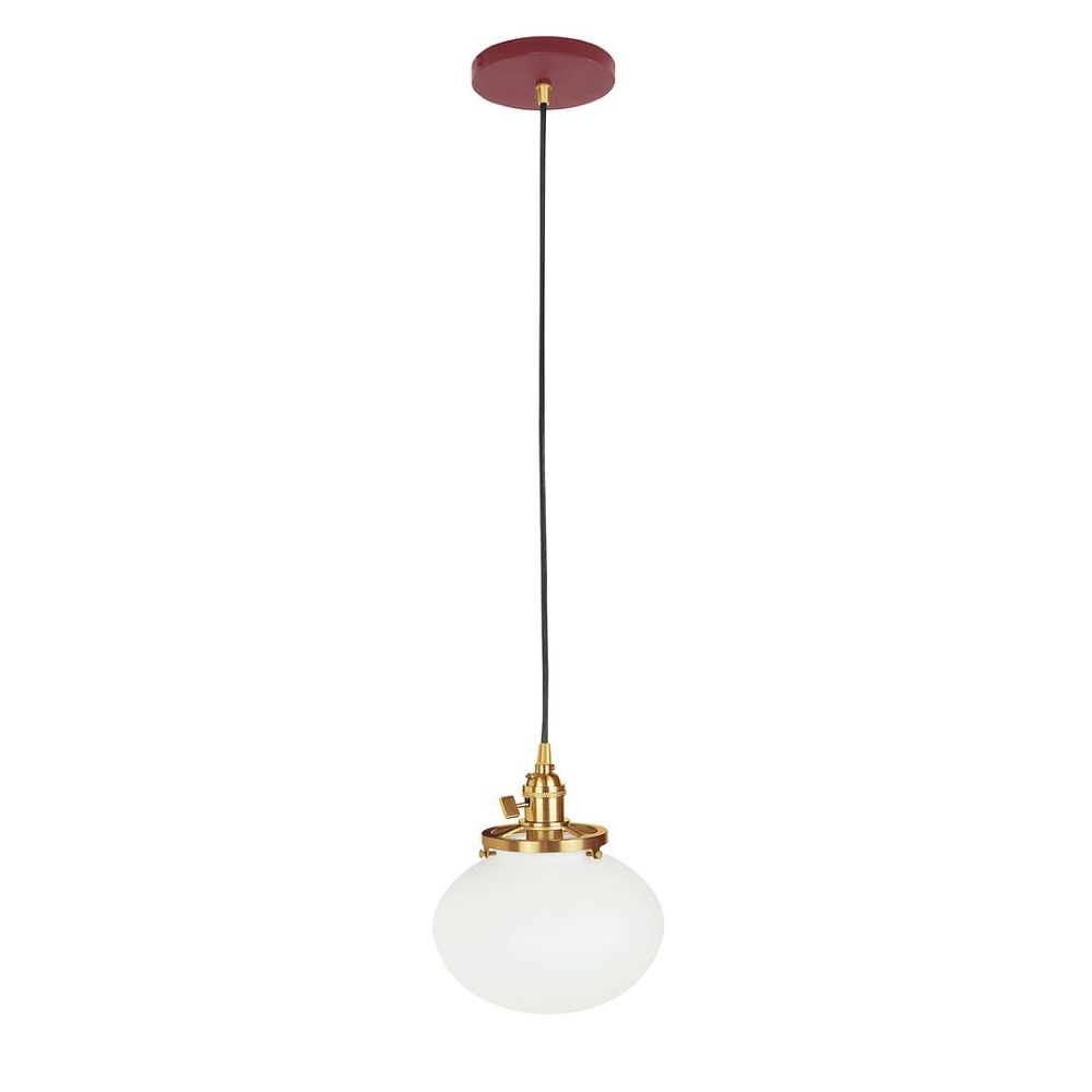Montclair Lightworks PEB411-55-91-C16 8" Uno Pendant, Navy Mini Tweed Fabric Cord With Canopy, Barn Red With Brushed Brass Hardware